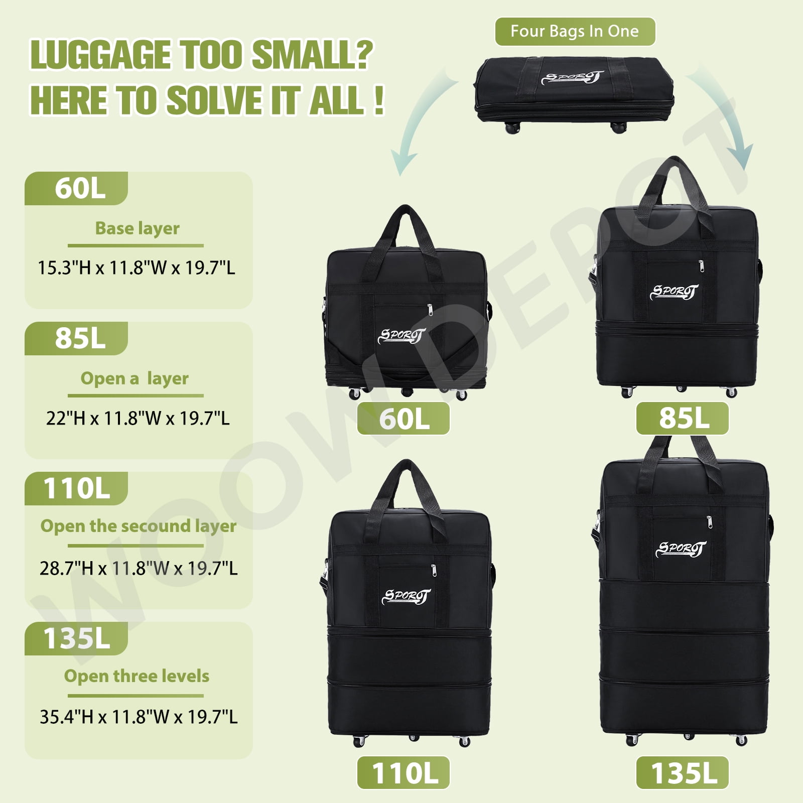 32in Expandable Rolling Suitcase, 3 Layer Collapsible Duffle Bag