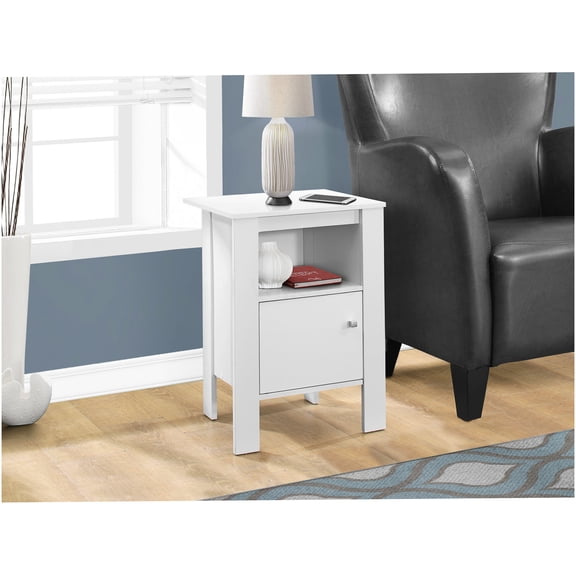 White Laminate Accent Table with Storage Shelf and Cabinet, Transitional End Table or Nightstand for Living Room and Bedroom