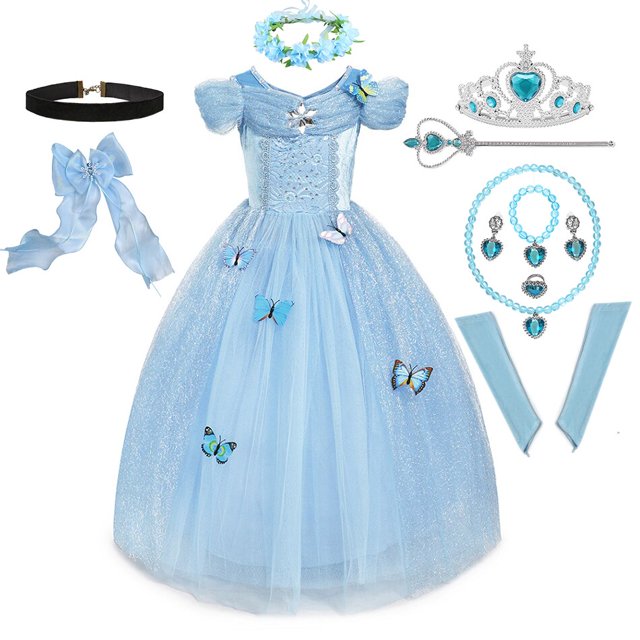 Disfraz de Cosplay de Cenicienta para niña, ropa para niña, vestido de baile para niña, vestidos de princesa para fiesta de cumpleaños, guantes de corona Fivean unisex