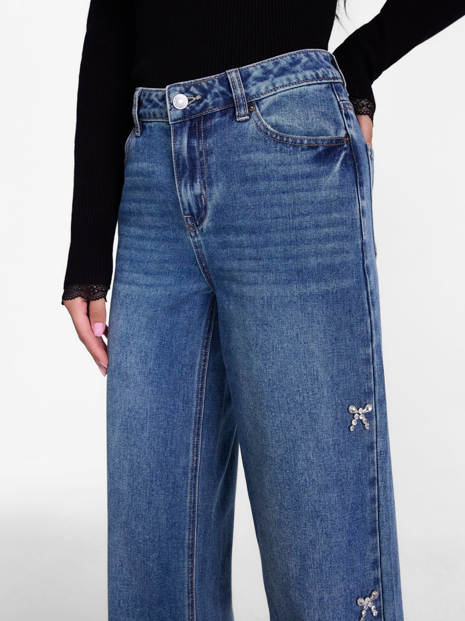 Madden NYC Women’s Ultra 90's Jeans with Rhinestone Bows, 32'' Inseam, Sizes 00-18