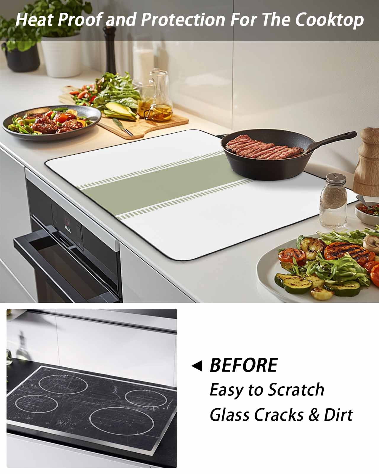 Stove Top Covers for Electric Stove, Sage Green Striped Glass Stovetop Cover Protector, Modern Geometric Abstract Art Induction Cooktop Protector Oven Mat for Kitchen Countertop 24"x21"