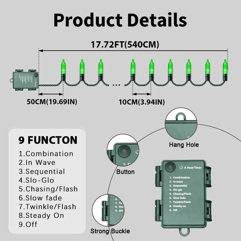 3 Pack 50 LED Outdoor Christmas Lights, 16 FT Mini String Light with 9 Modes & 6 Hour Timer, Waterproof Battery Operated for Indoor Outdoor Patio Garden Party Tree Valentine's Day Decoration, green