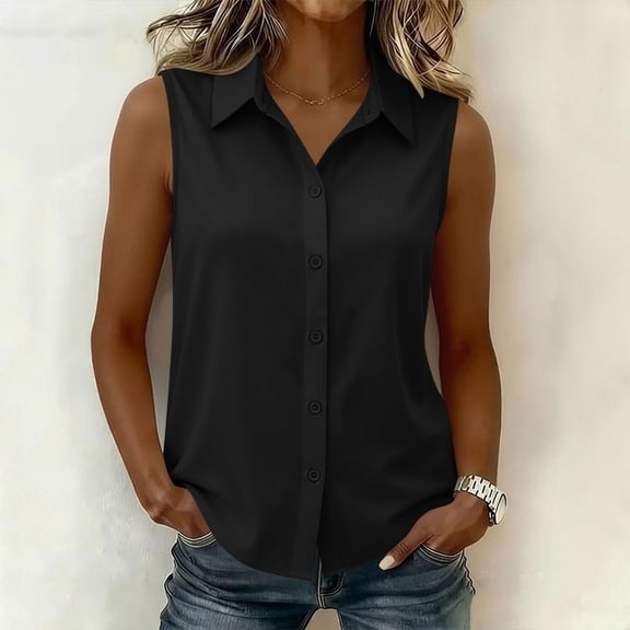 ClodeEU Women's Button Down Collared Sleeveless Shirt,Casual Loose Fit Tank Top for Summer Black,Women's Plus L