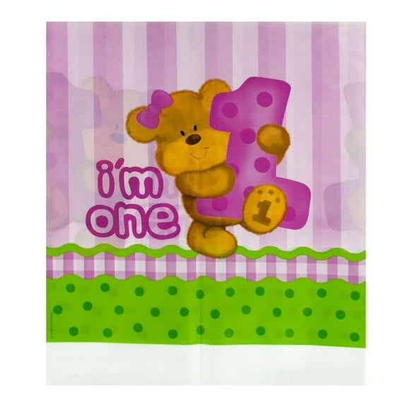 Printed Plastic Tablecover Bear'S First Birthday Girl