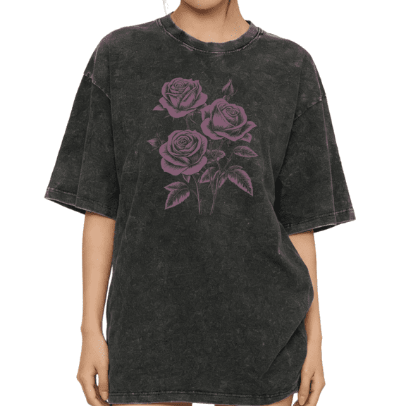 Women's Vintage Purple Rose Floral Graphic Comfortable Washed T Shirt Casual Black S-2XL Plus Size