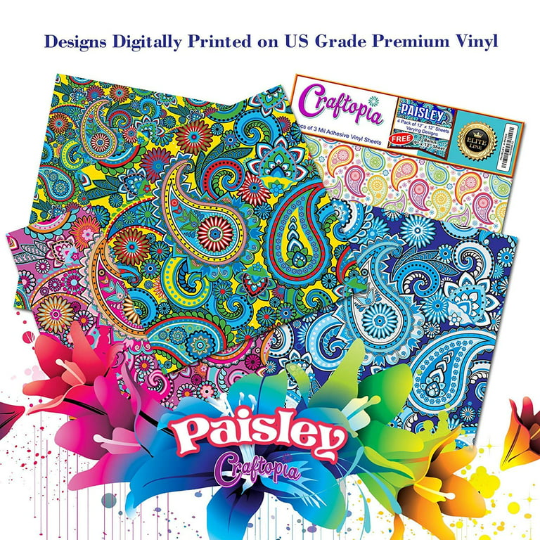 Craftopia's Paisley Pattern Self Adhesive Craft Vinyl Sheets | 4 Assorted Vinyl Pack