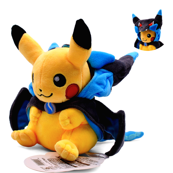 2024 New Version of Plush Toys 8 " Closed Mouth Fire Dragon Pi-kac-hu with Cloak Dolls Wearable Blue Hat,