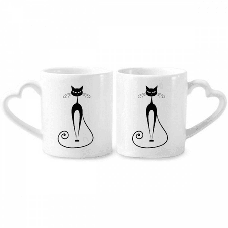 

Elegant Black Cat Lover Animal Art Outline Couple Porcelain Mug Set Cerac Lover Cup Heart Handle