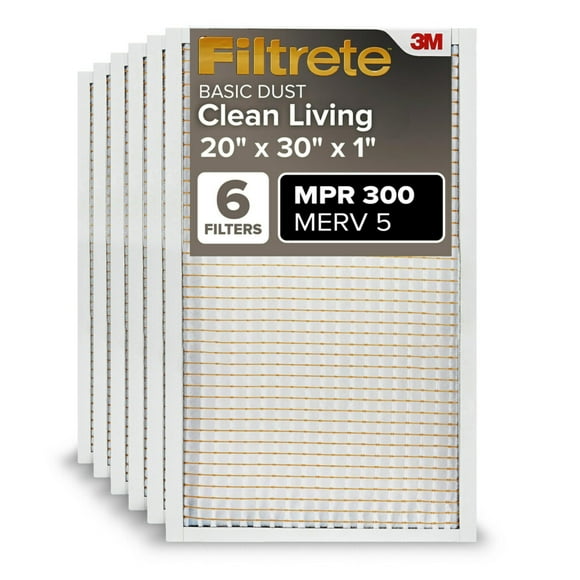 Filtrete 20x30x1 AC Furnace Air Filter, MERV 5, MPR 300, Capture Unwanted Particles, 3-Month Pleated 1-Inch Electrostatic Air Cleaning Filter, 6-Pack (Actual Size19.81x29.81x0.81 in)