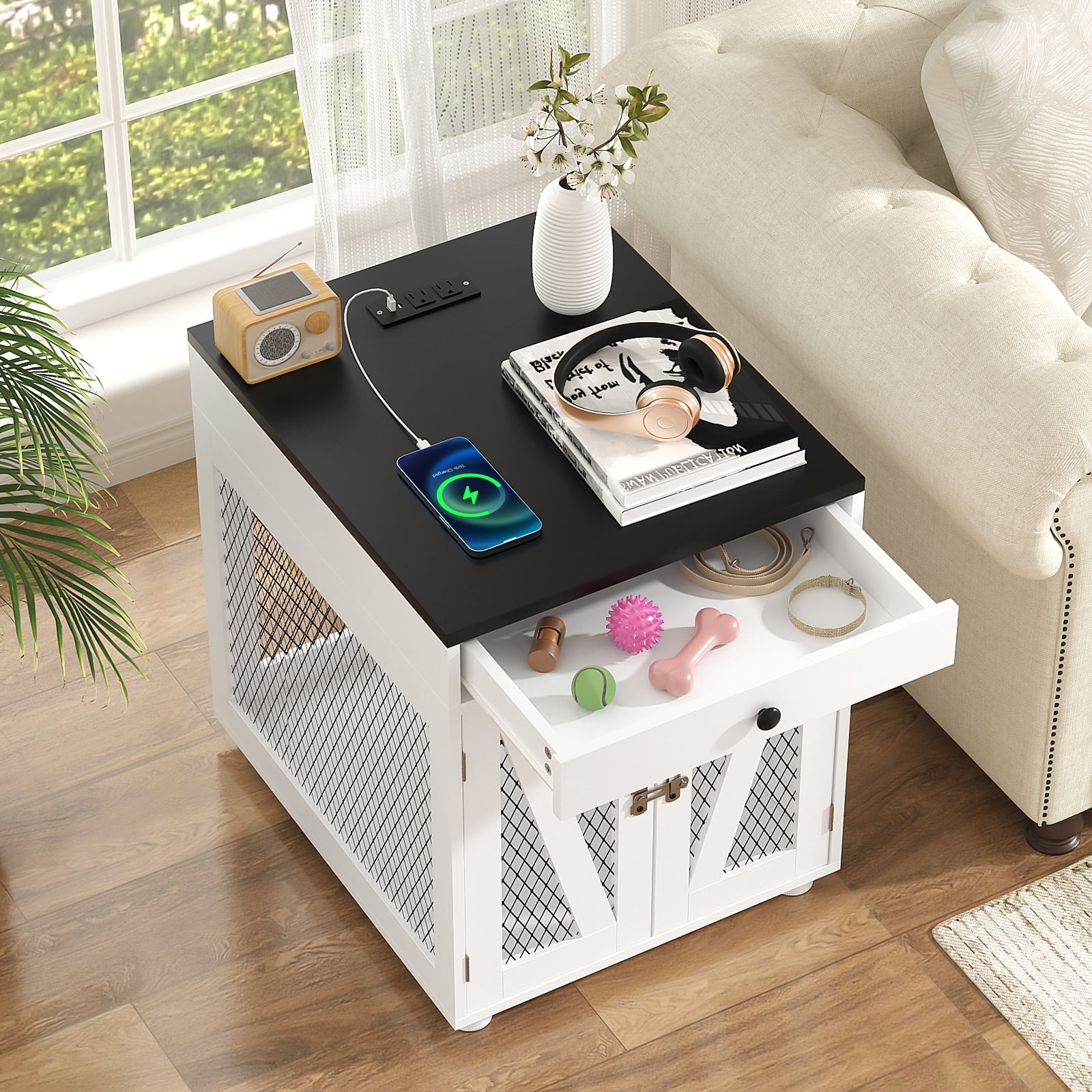 RichYa Furniture Style Dog Crate End Table, Wooden Dog Kennel with Dual USB Charging Station, for Small Dogs Under 25 lbs Indoor Use, White, S Size