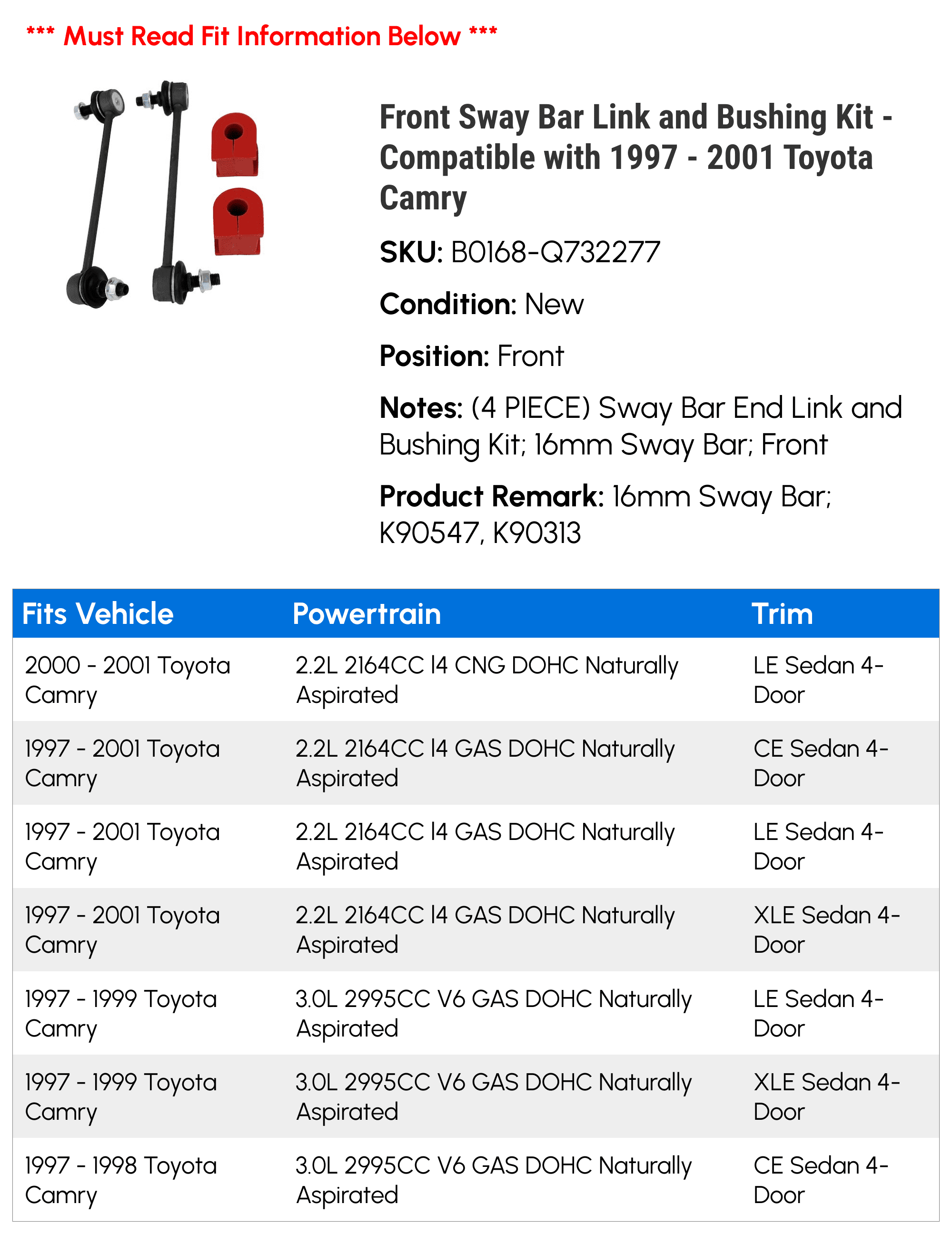 Front Sway Bar Link and Bushing Kit - Compatible with 1997 - 2001 Toyota Camry - Replacement