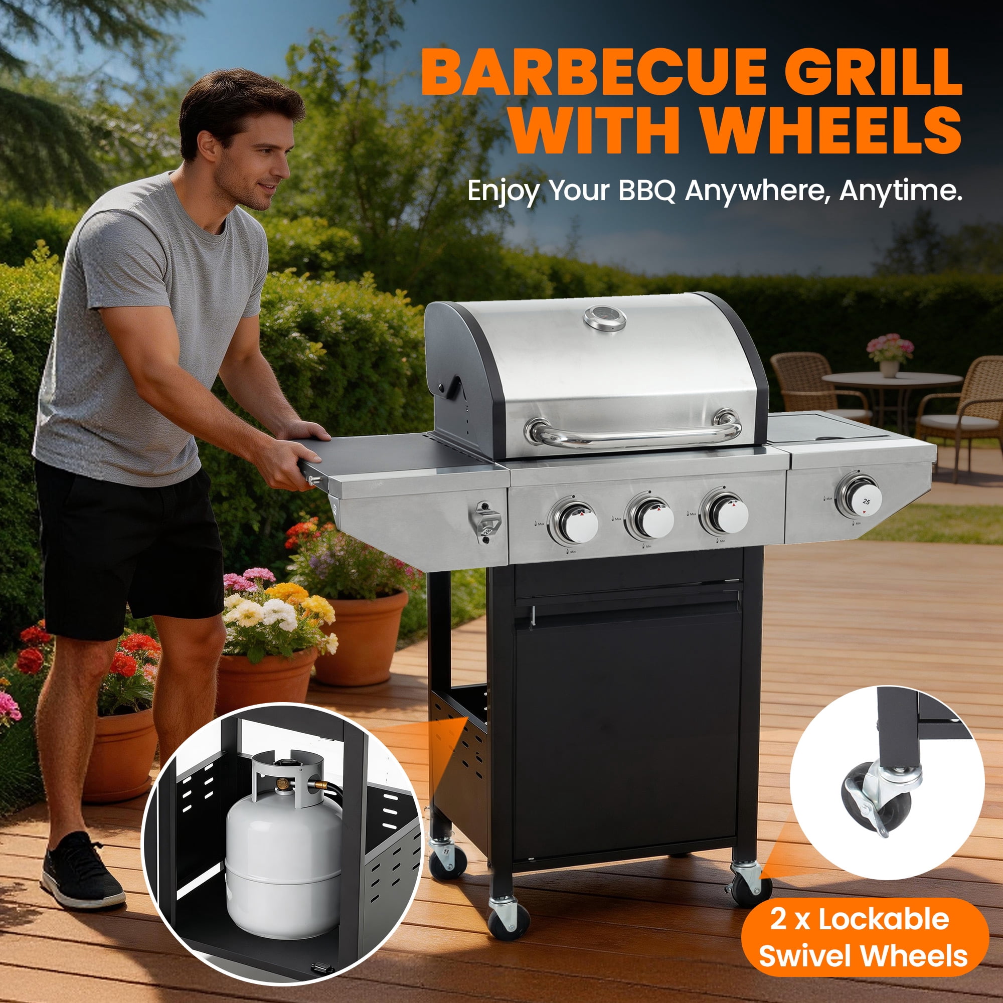 Sesslife 3-Burner Propane Gas Grill, Portable BBQ Grill with Side Burner, 37,000 BTU, Outdoor Grill for Patio, Garden, Camping & Party Cooking
