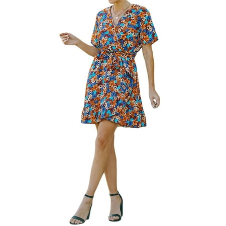 

Calsunbaby Female Short Dress Summer Ladies Flower Print V-Neck Short Sleeve One-Piece Skirt with Waist Belt Casual Streetwear