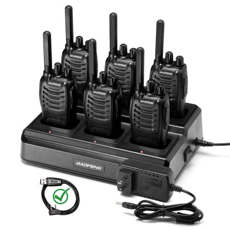 BF-88ST Walkie Talkies Long Range 6 Pack) Rechargeable Two Way Radio with 6 Way Multi Unit Charger License-Free Walky Talky for Adults with Earpieces USB Charging Black
