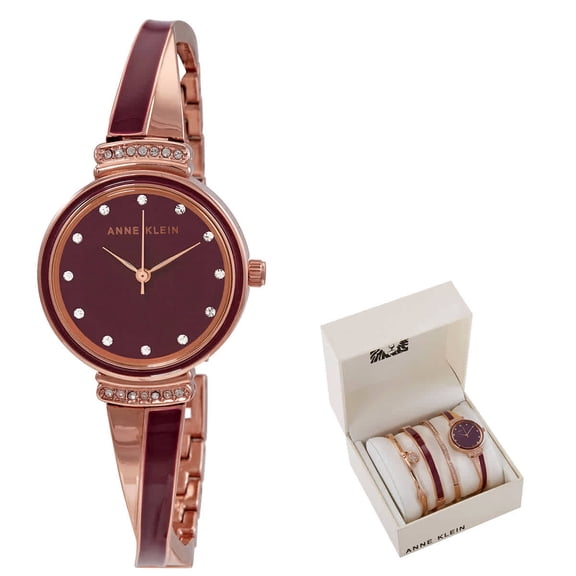 Anne Klein Rose Gold-Tone Burgundy Dial Crystal Lugs Bangle Set Ladies Watch