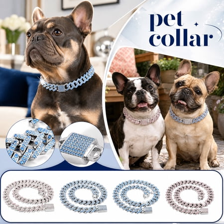 7.87 Cuban Link Dog Necklace Rhinestone Alloy Chain Collar with Box Buckle Crystal Diamond Decoration for Pet Cats Non-Adjustable Lightweight Jewelry Accessory