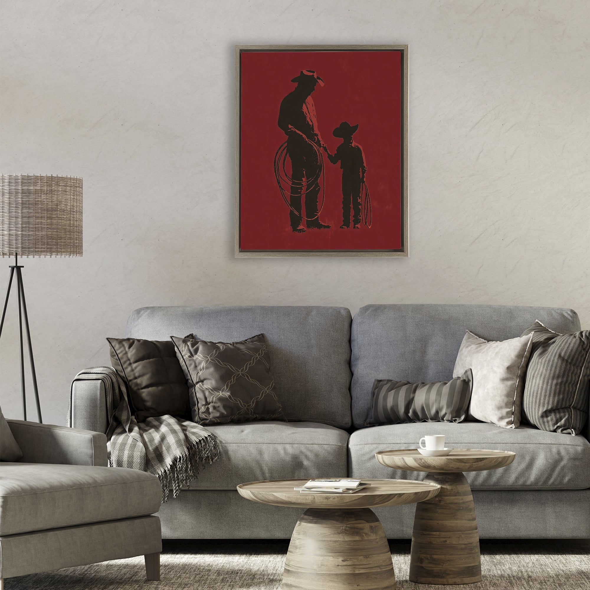 Burgundy Cowboy Father & Son Brown Framed Floater Canvas Wall Art, design by Arlington Prints