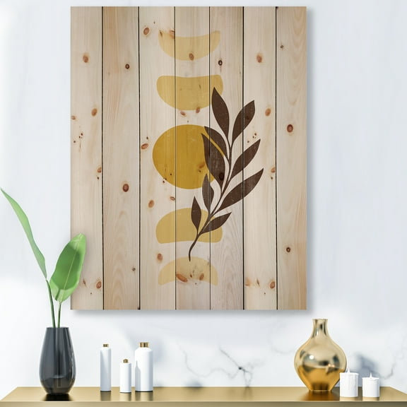 Designart 'Abstract Geometrical Moon and Sun With Leaf VII' Modern Print on Natural Pine Wood