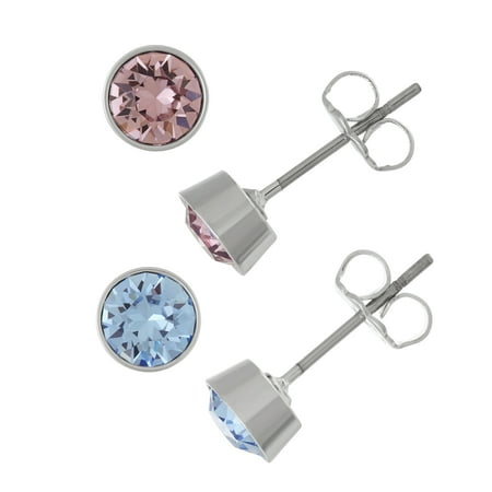 - X & O 2 Pc. Set - Rhodium Plated 5 mm Bezel Set Flat Back Studs with Light Amethyst and Light Sapphire Swarovski Crystals