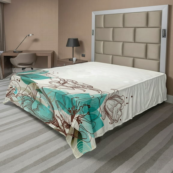 Ambesonne Turquoise Flat Sheet, Retro Hibiscus Art, California King, Beige Teal