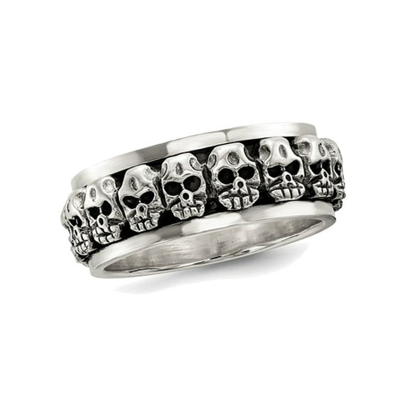 Mens Antiqued Polished Skull Ring in Sterling Silver with Spinning Center for Men