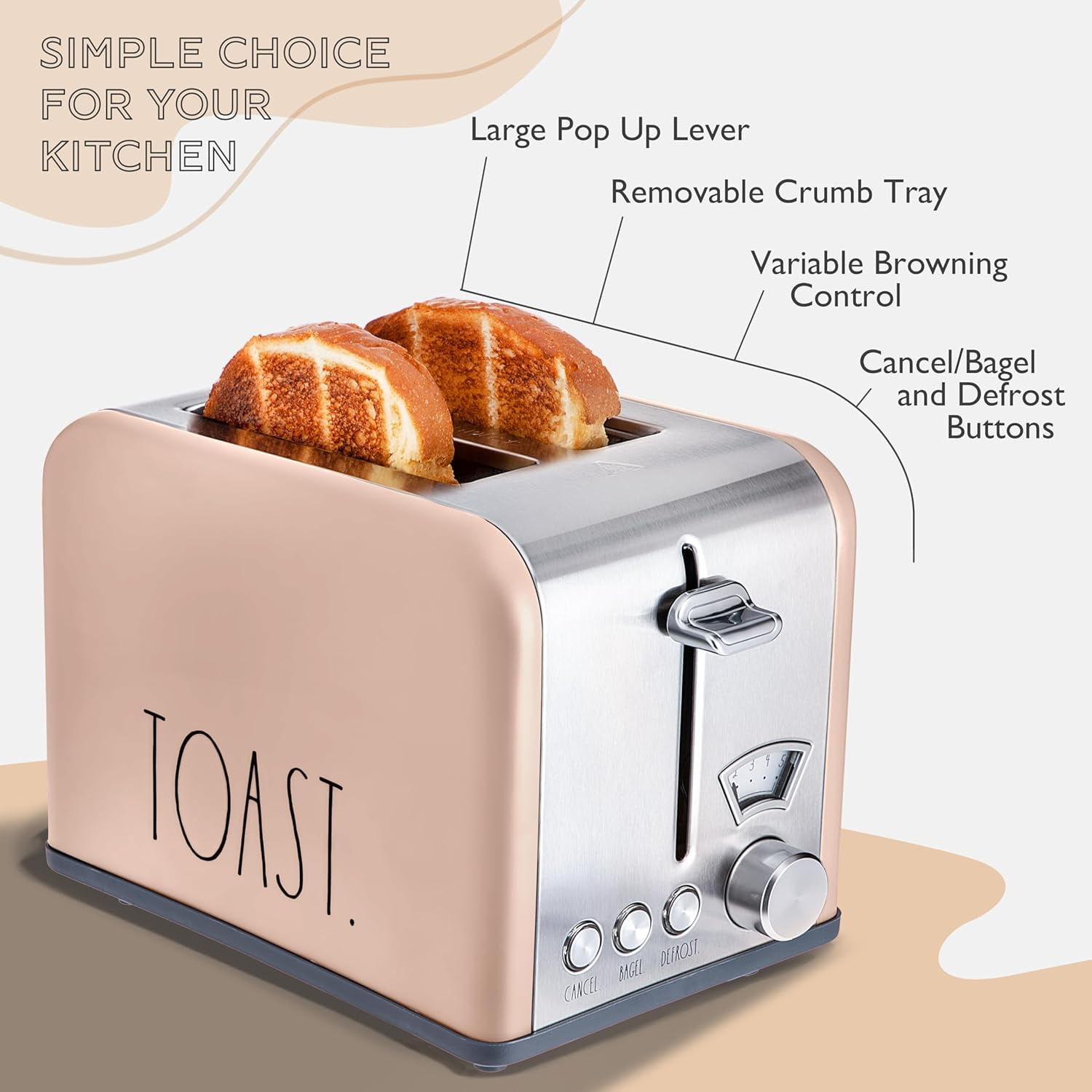 Rae Dunn Toaster, Stainless Steel 2 Slice Toaster with 5 Browning Levels, with Bagel, Defrost and Cancel Options, Blush