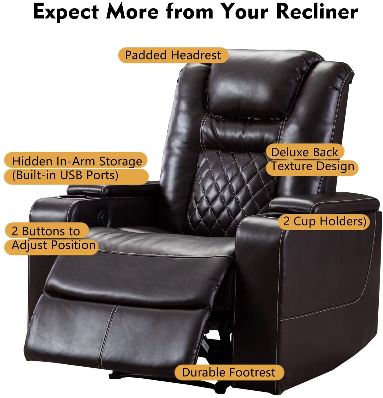 Bonzy Home Electric Recliner Chair, Leather Home Theater Seating, Living Room Chair with USB Ports and Cup Holders Brown