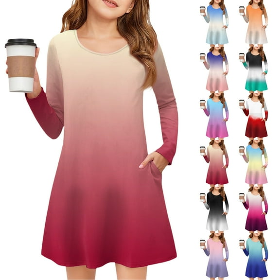 Drmagiyhm Long Sleeve Dress for Girls Size 10-12 Gradient Twirly Crew Neck Dress Party Chiffon Skater Dress Autumn Flowy Midi Dress Light pink 12-14 Years