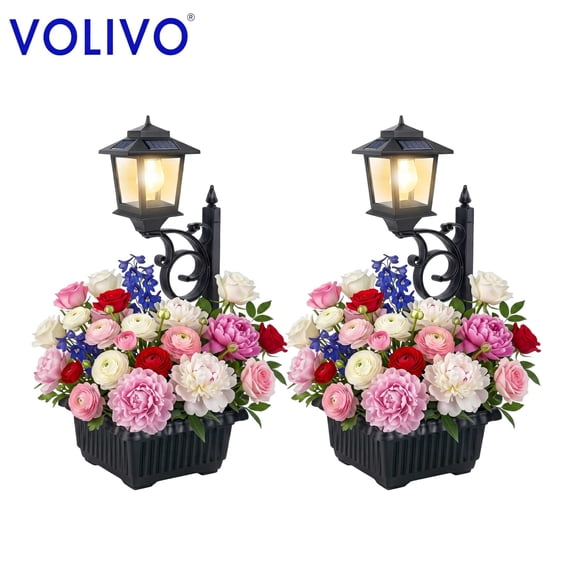 Volivo Solar Lamp Post Light with Flower Pots 2packs, 2 Led Bulbs 3000K Solar Pathway Lights with Dual Installation, Waterproof Outdoor Lamps for Garden, Lawn, Patio