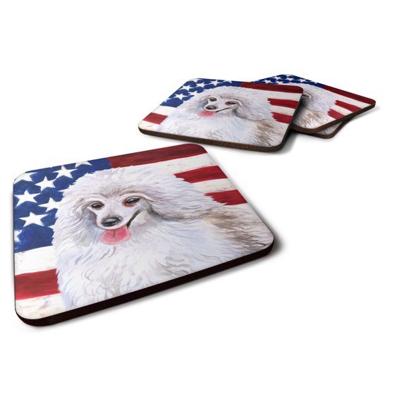 Medium White Poodle Patriotic Foam Coaster Set of 4
