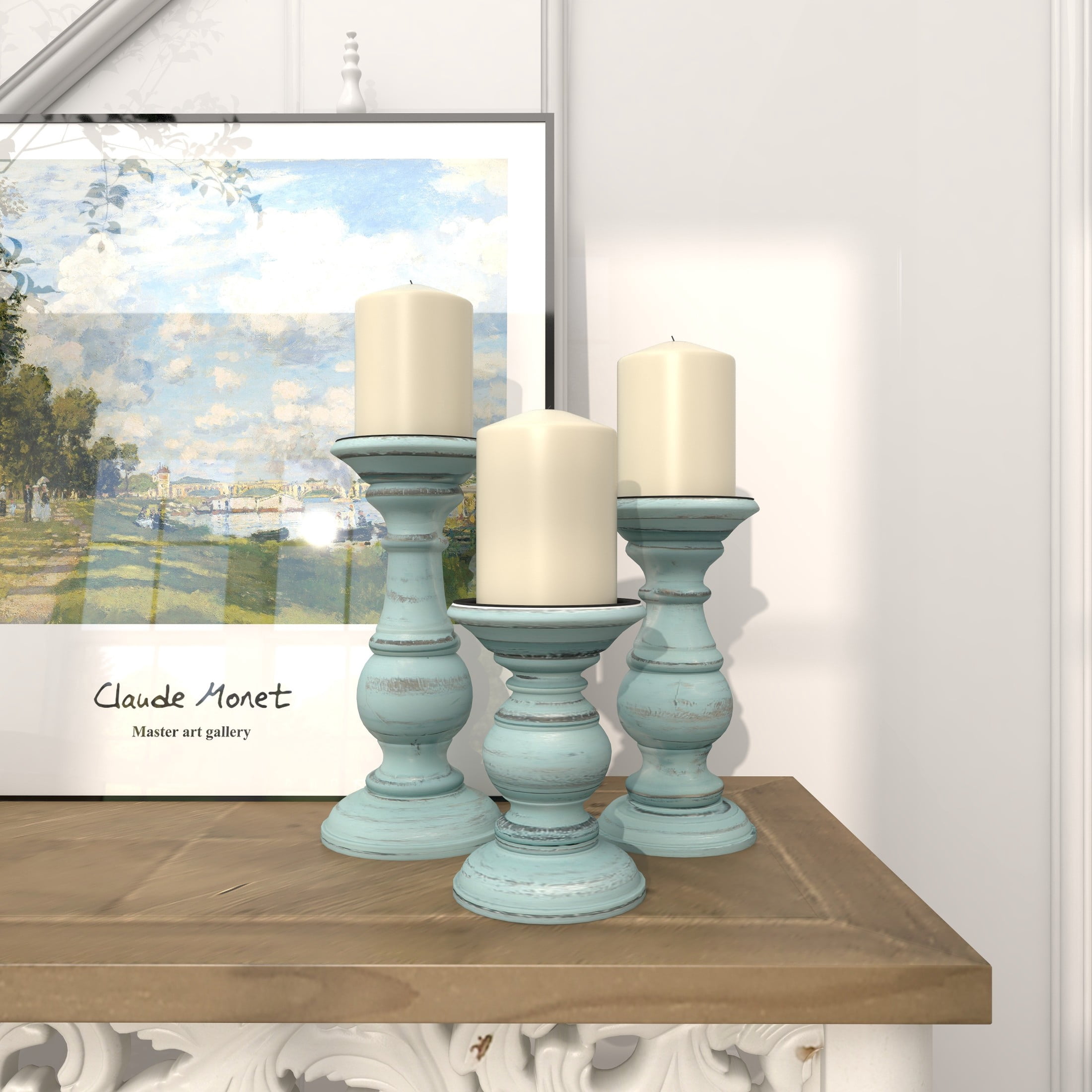 DecMode Traditional and Timeless Mango Wood Pillar Candle Holder Set of 3, 6", 8", 10"H, Light Blue Finish