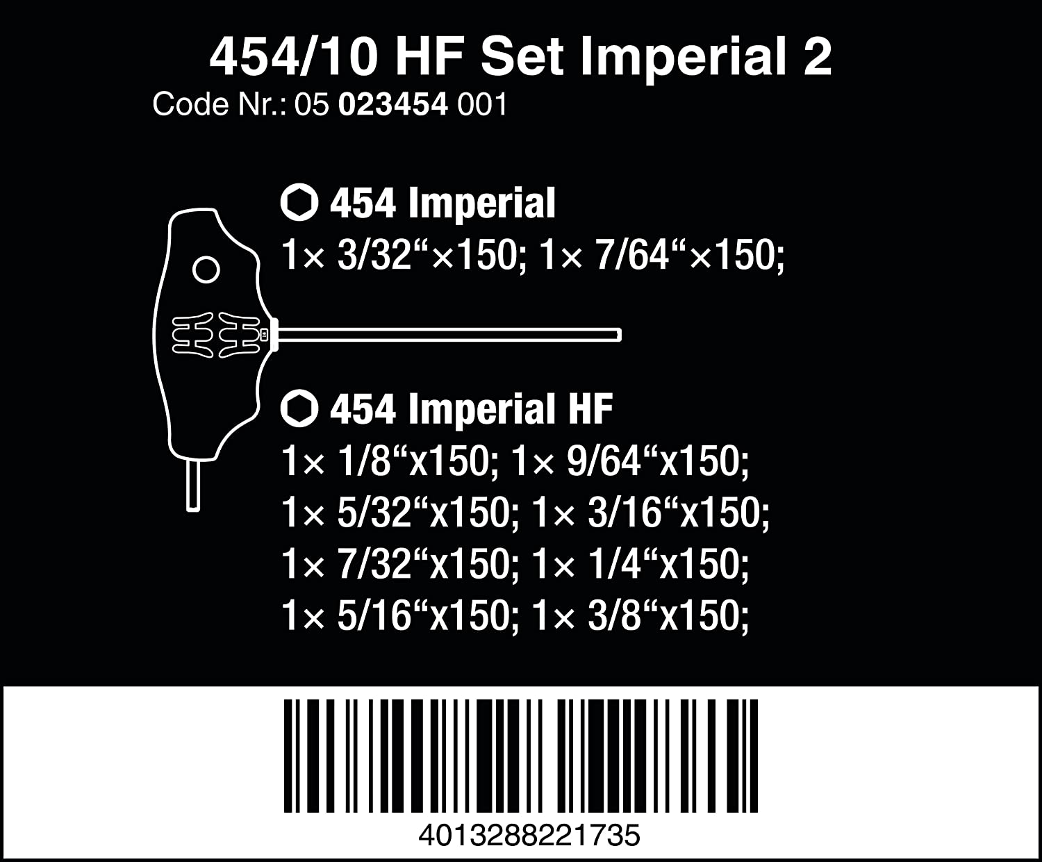 Wera Tools 05023454001 - 454/10 HF Imperial T-handle Hex-Plus Screwdriver Set w/