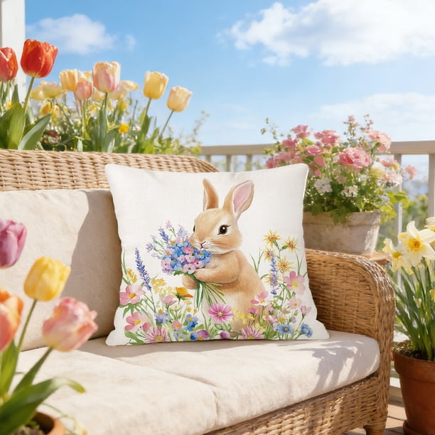 Funda de cojín de lino con estampado de conejo y huevo de Pascua | Funda de cojín decorativa de 45 x 45 cm para sofá, dormitorio | Decoración de Pascua para el hogar