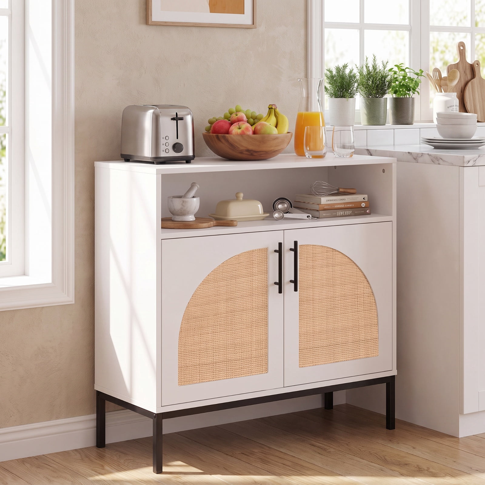 Furnibear 32" Sideboard Buffet Cabinet with 2 Natural Rattan Decorated Doors and Adjustable Shelf for Kitchen Dining Living Room Buffet, White