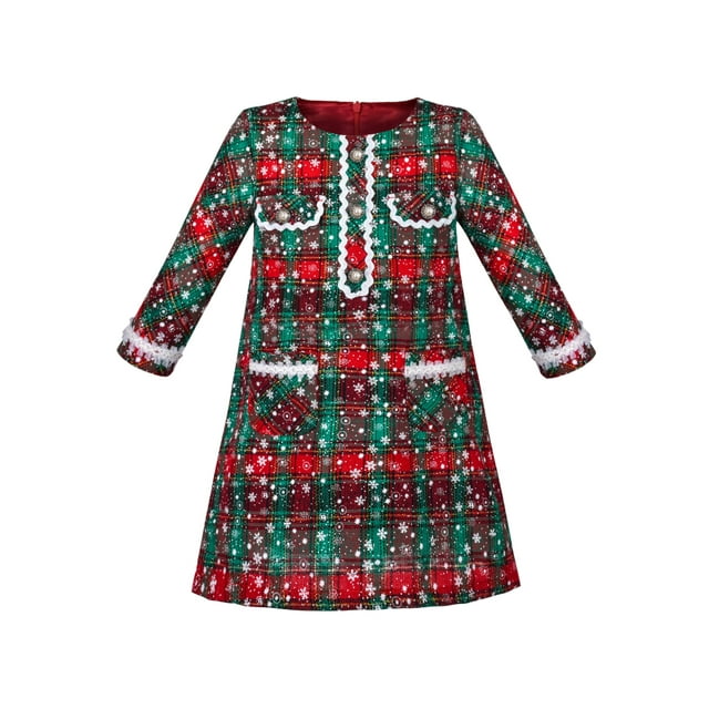 Robe Fille Rouge Noël Neige à Carreaux Perles Nouvel An Tweed Manches Longues 5 Ans