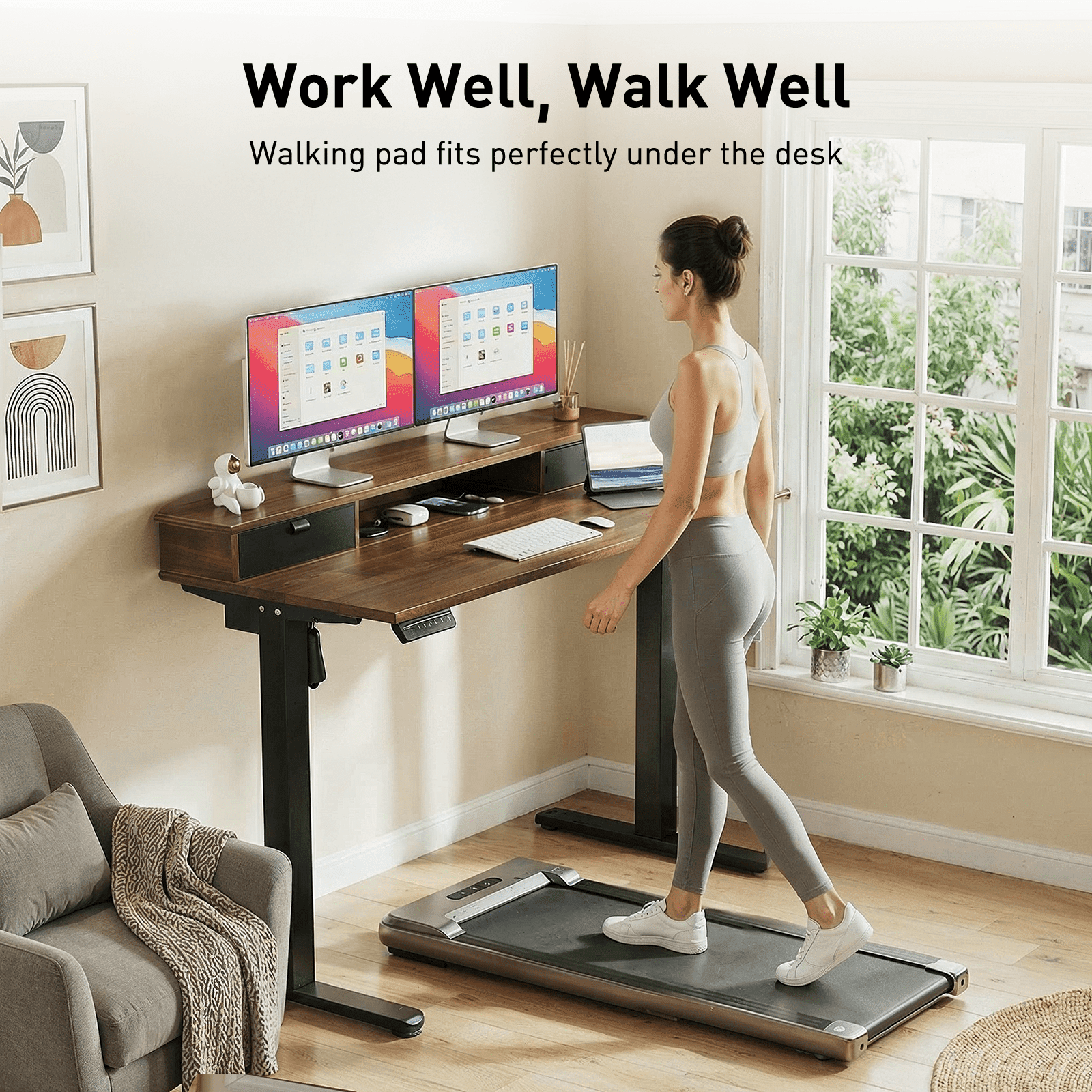 CHITOOMA Office Desk with Storage, 48″ x 24″ Electric Height Adjustable Sit Stand Standing Desk with Drawers Shelf, Walnut