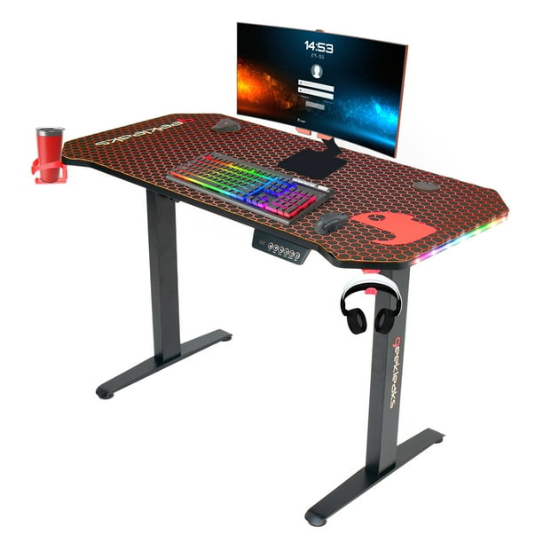 Escritorio Gamer De Altura Ajustable de Fibra de Carbono con Luces LED RGB Ganchos para Audifonos y Portavasos (Color Negro/Rojo)