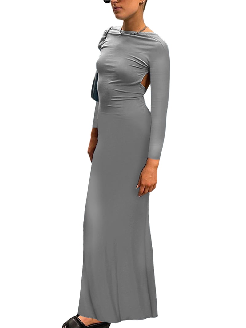 long sleeve cut out maxi dress in grey Blanc Ribbed Bodycon Maxi Dress Womens Small Gray Cut Out Back Long Sleeve