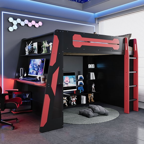 Noble House Full Size Wood Loft Bed with Desk, Red