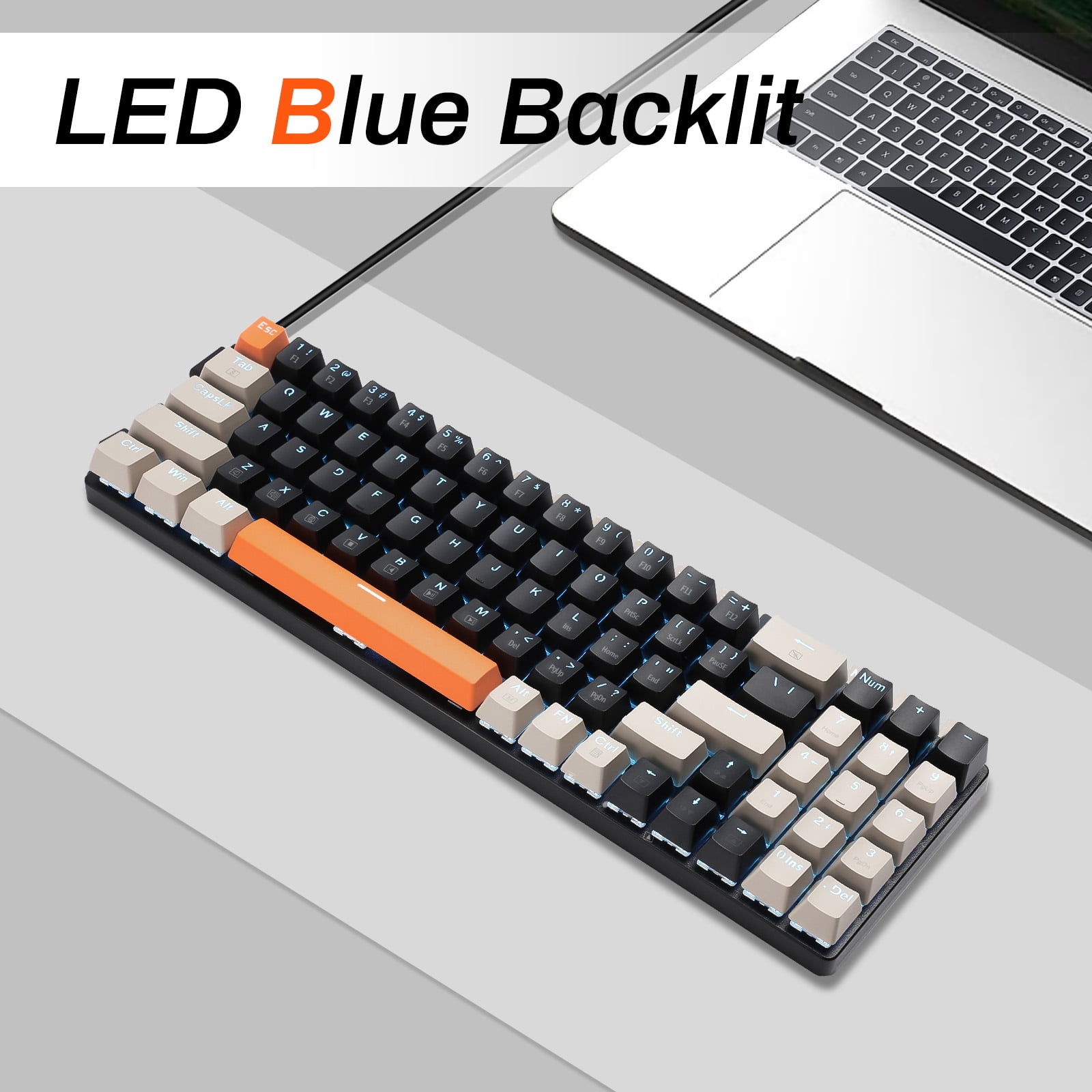 HUO JI USB Mechanical Keyboard Wired with Number Pad, Led Backlit, Blue Switch, Compact 78 Keys for PC/Computer/Laptop Gaming and Office, Black/Grey