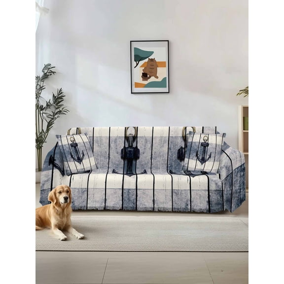 Navy Blue Nautical Couch Cover Sofa Covers 3 Cushion Sectional Couch, Coastal Blue Striped Vintage Washable Sofa Covers Slipcover Sectional Sofa Cover, Furniture Protector 71"x150"