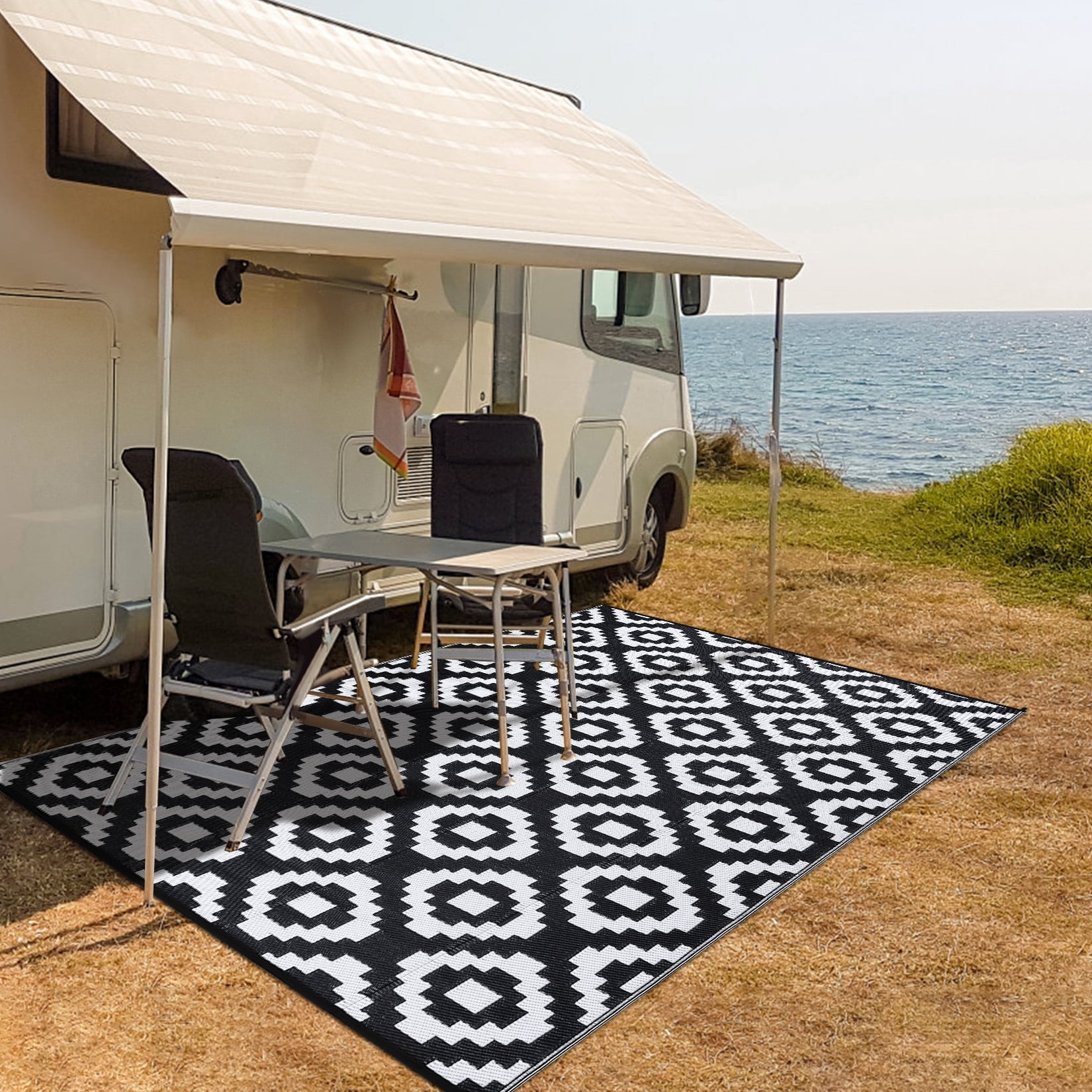 Hasoo Outdoor Rug Reversible Premium Recycled Plastic Geometric Pattern for Large Patio Deck Sunroom RV Camping Black & White 9 x 18 ft
