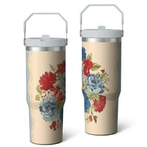 30oz Pioneer Colorful Floral Stainless Steel Flip Straw Tumbler with Lid and Straw Spill Proof Travel Cup Double Wall Vacuum Insulated Coffee Mug with Top Handled White