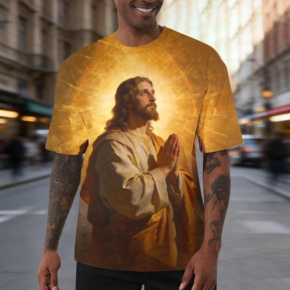 Zylanna Mens & Big Mens Fashion T-Shirts, Crew Neck Daily Short Sleeve Jesus 3D Print Funny Graphic Tees Tops Brown