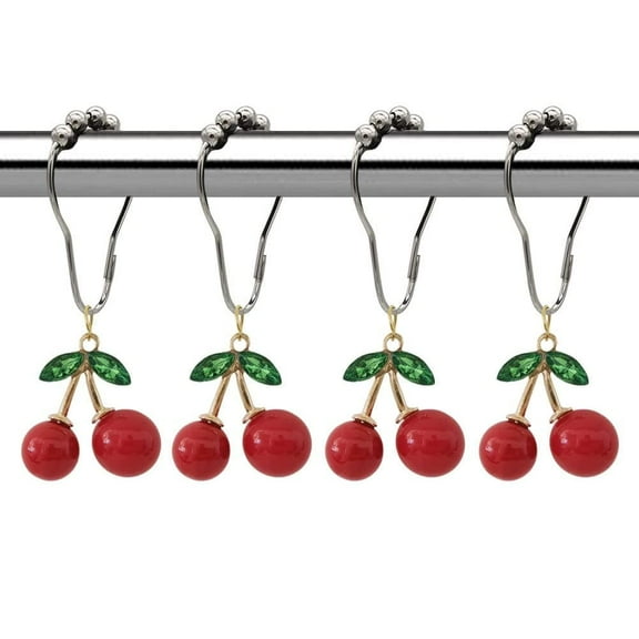 Cherry Blossom Shower Curtain Hooks with Red Resin Pendants, Set of 12 Stainless Steel Rustproof Rings