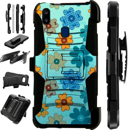 Compatible Samsung Galaxy A20 (2019) Case Armor Hybrid Phone Cover LuxGuard Holster (Teal Flower