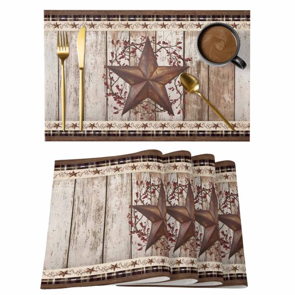 Placemats Set of 4, Texas Star Vintage Woven Placemat, Linen Place Mats for Kitchen/Dining Tables, Brown Retro Art Red Berry Wooden Washable Table Mats for Party