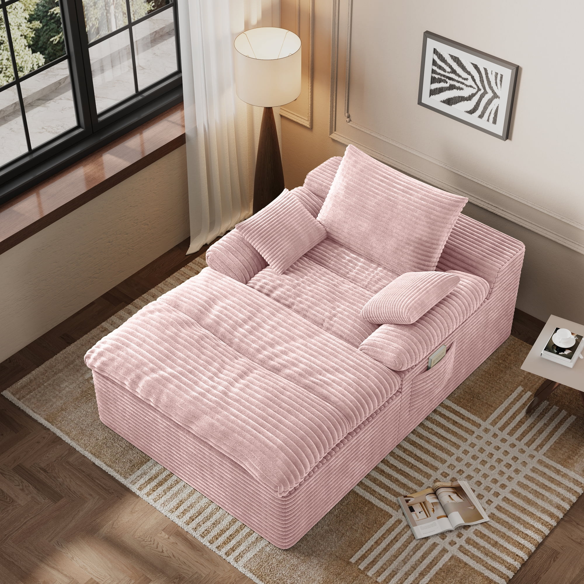 HOQBN 65" Chaise Lounge Chair Indoor,Oversized Boneless Sofa Bed with 3 Pillows,Cloud Reading Chair for Living Room Bedroom, Deep Seat Sleeper Couch, No Assembly Required,Baby Pink
