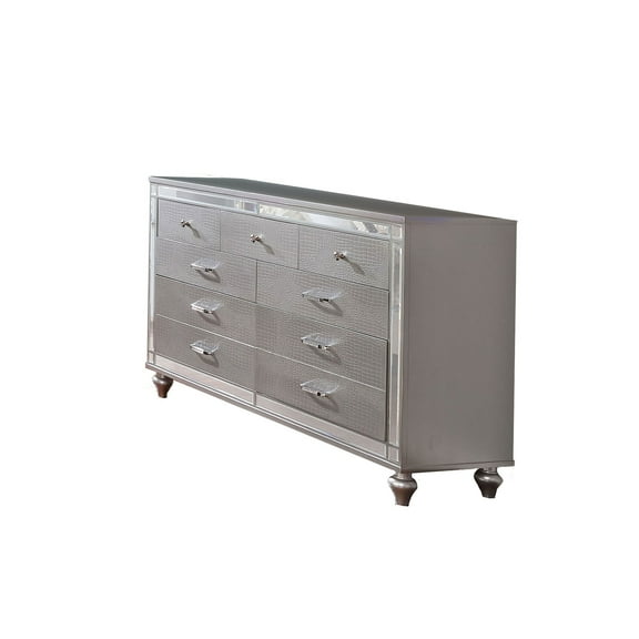 Benzara BM203177 Contemporary Wooden Dresser with 9 Drawers & Turned Legs, Silver