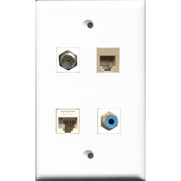 RiteAV 1 Port RCA Blue and 1 Port Coax Cable TV- F-Type and 1 Port Phone RJ11 RJ12 Beige and 1 Port Cat6 Ethernet White Wall Plate